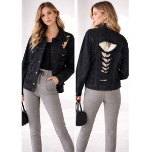 Furst of a Kind Denim Jacket Women XL Black Distressed Reworked Streetwear Punk